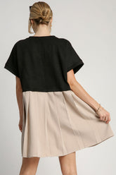 Umgee Full Size Round Neck Pleated Dress with Side Pockets Plus Size OutfitFlow